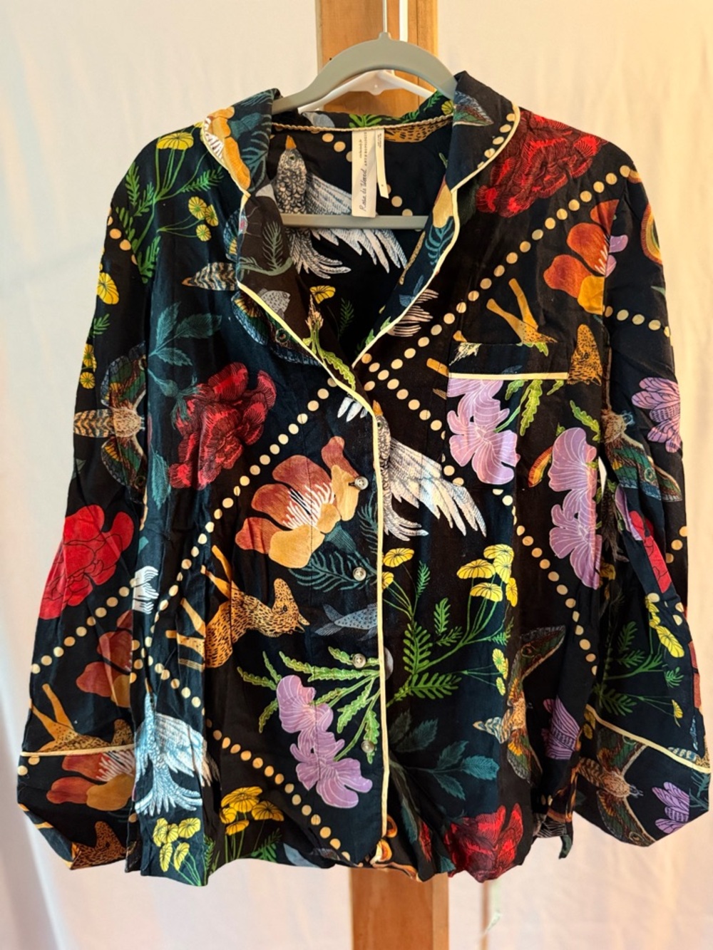 Anthropologie Black Floral-Print Satin Button-Up Pajama Top